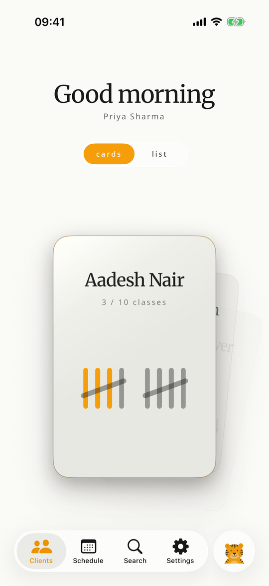 Gymbo home screen showing a client's punch card: Aadesh, 3 of 10 classes used