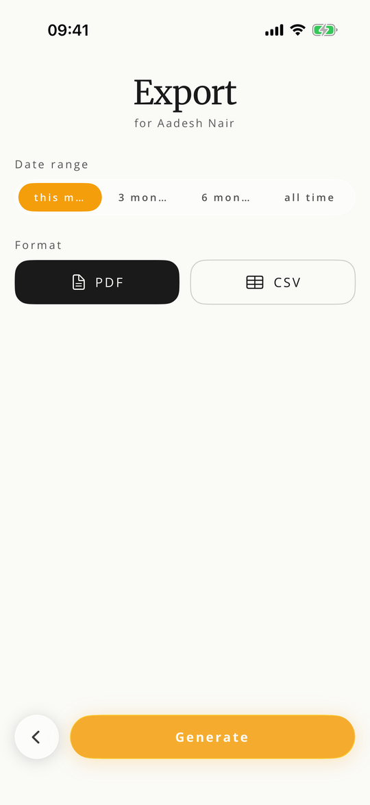 A branded client statement being exported from Gymbo as a PDF