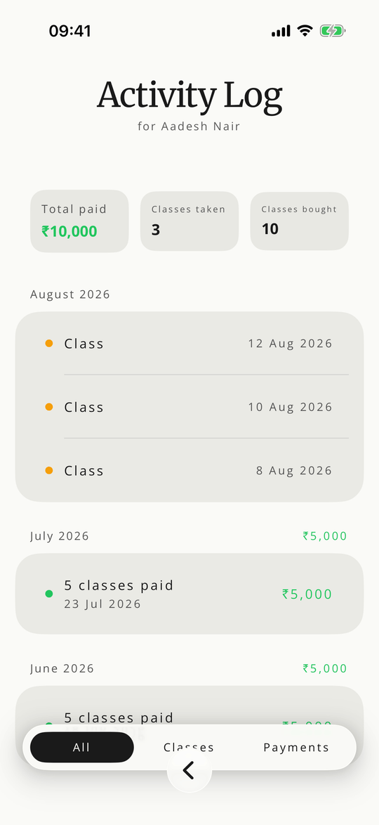 The Gymbo ledger showing a client's class and payment history with a running balance