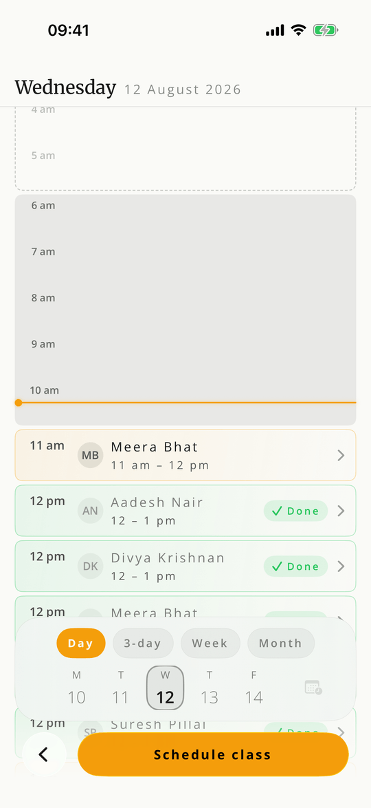 The Gymbo schedule for a single day, with each client's class in its time slot