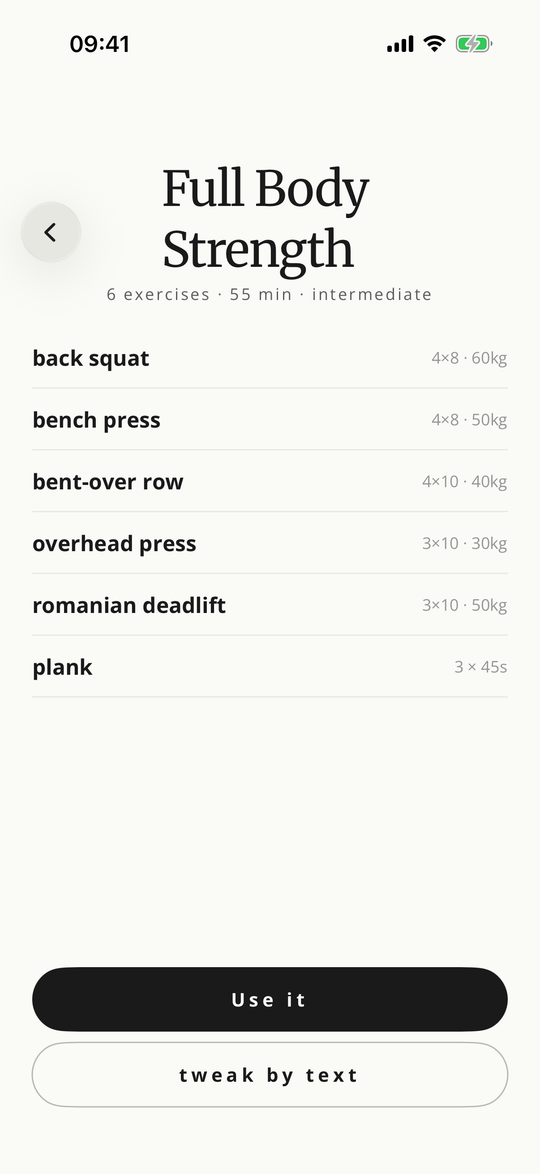 A full-body workout built in Gymbo, with squat, bench press and barbell row